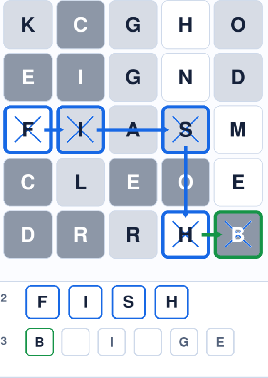 The corrected route spells FISH with the lower H and then moves one square right to the B at the start of BRIDGE