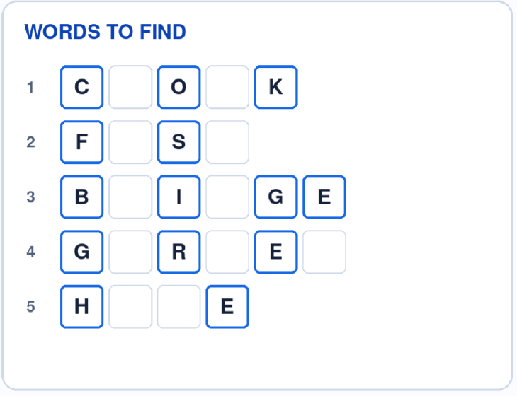 Five ordered word patterns with fixed letters, including F blank S blank for the four-letter second word